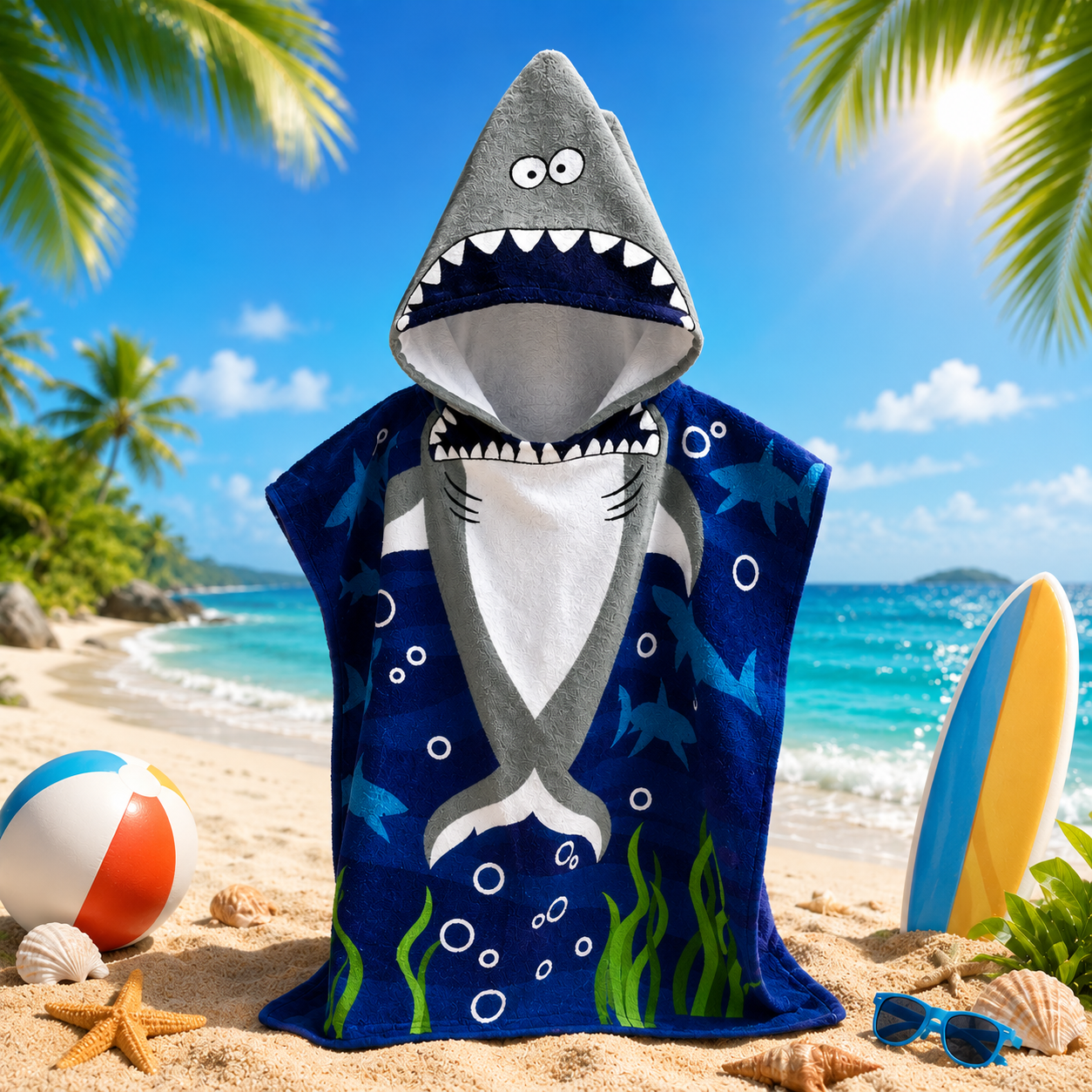 A hooded beach towel or poncho shaped like a shark, displayed on a sandy beach